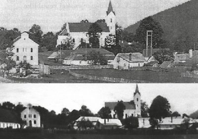 Ústredie obce snímané od dnešného domu Jána Kanderu. Vľavo je židovská synagóga, pred ňou (foto dole